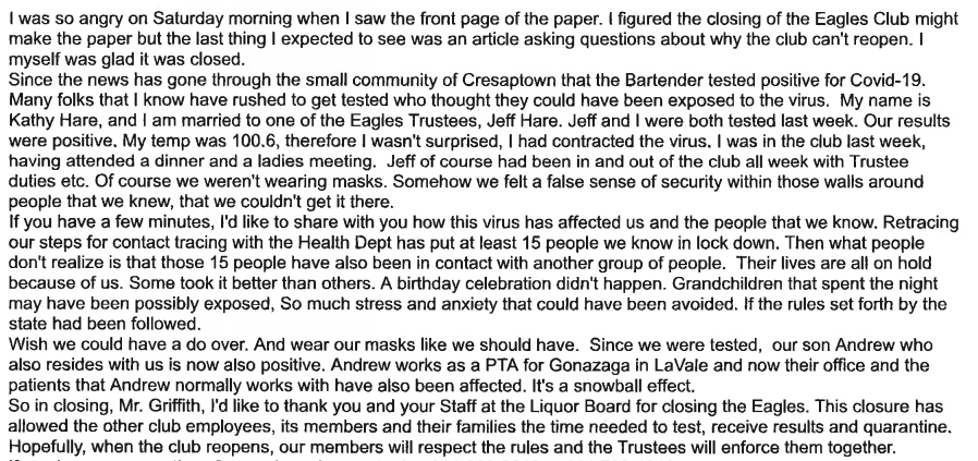 Letter from Kathy Hare to Mike Griffith at Allegany County liquor board